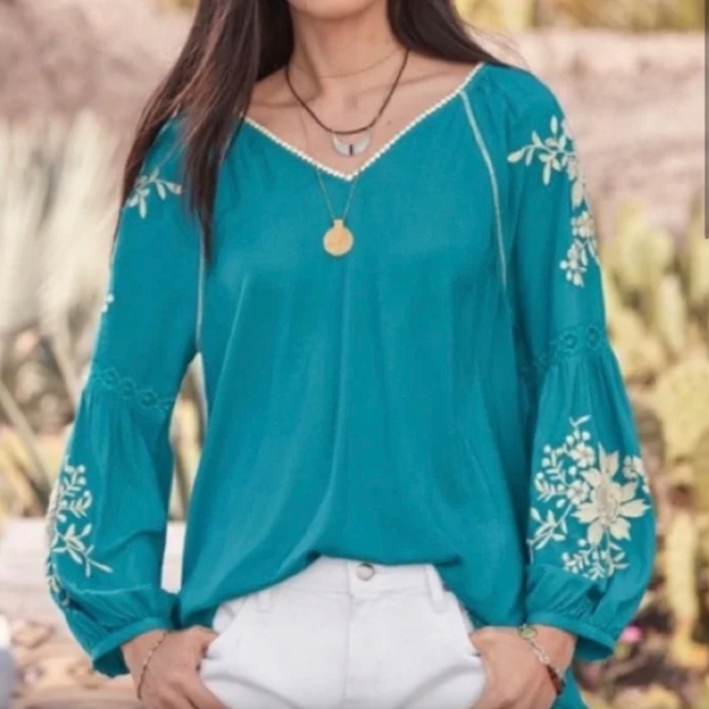 SUNDANCE Naomi Isles Modal Turquoise and Cream Long Sleeved Embroidered XL Tunic - Picture 4 of 13